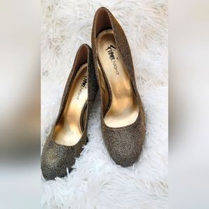 Fioni Night Women Gold Shimmer Heels Round Toe Metallic Sparkle